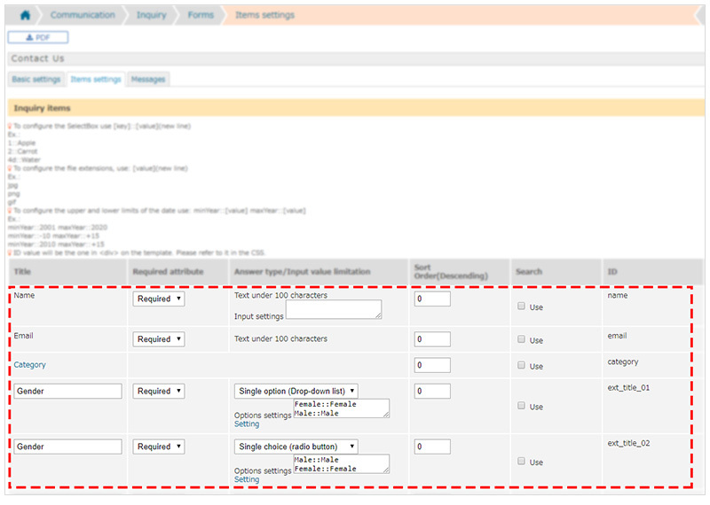 Inquiry Form Settings